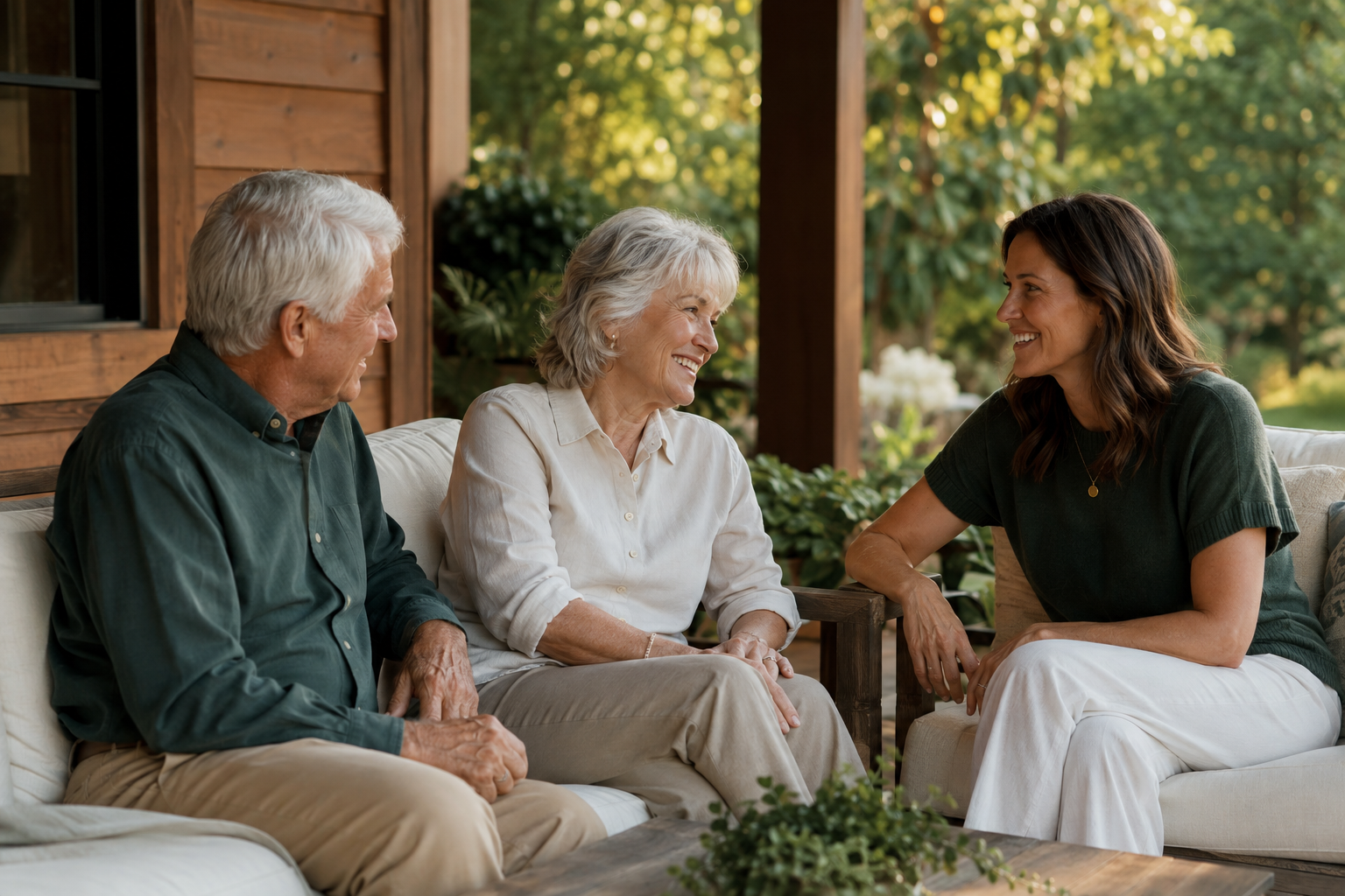 Illustrative family sharing a relaxed conversation on a porch